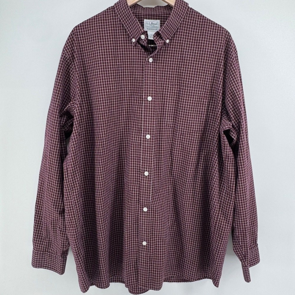 LL Bean Cotton Grid Check Shirt Mens XL Button Down Maroon Preppy Classic
